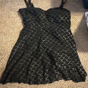 Black Swim Dress with Silver Scallop Pattern